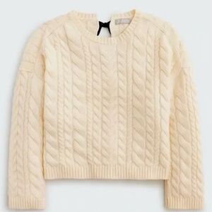 J.CREW TIE-BACK CABLE KNIT SWEATER IN BUTTERCREAM WITH BLACK BOW SIZE SMALL